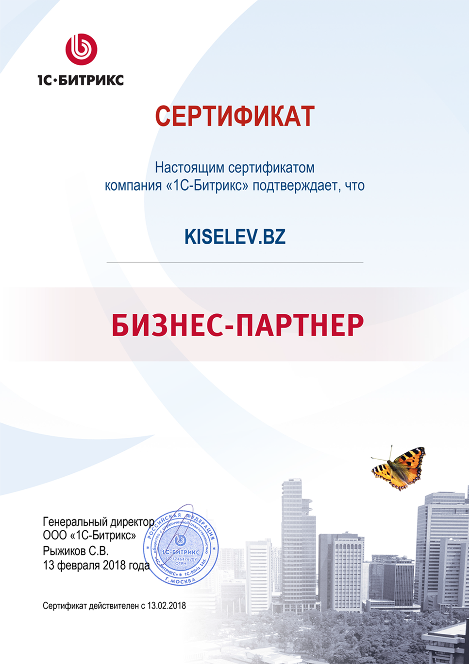 Сертификат партнёра по СРМ системам в Новосокольниках